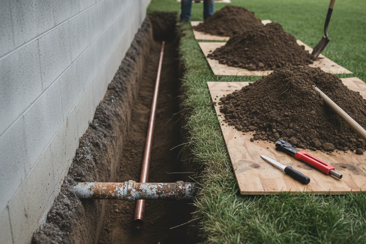 Excavated water line trench during Water Softener Installation in Eucha